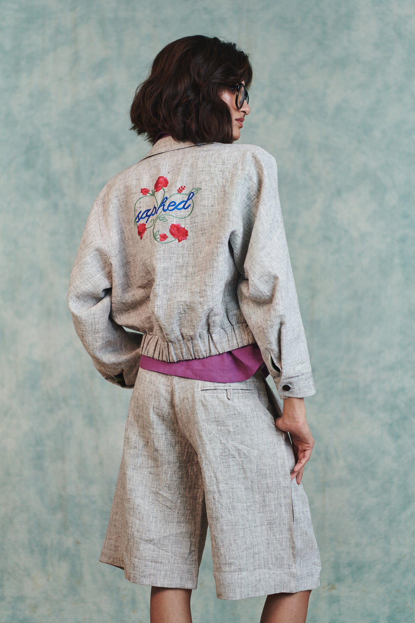 Ash Linen Embroidered Cropped Bomber Jacket Set thumbnail 2