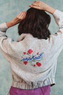 Ash Linen Embroidered Cropped Bomber Jacket