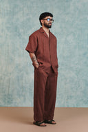 Chocolate Linen Men's Pleated Camp Collar Shirt