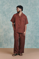 Chocolate Linen Men's Pleated Camp Collar Shirt