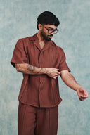 Chocolate Linen Men's Pleated Camp Collar Shirt