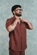 Chocolate Linen Men's Pleated Camp Collar Shirt