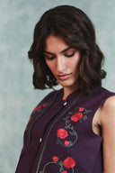 Plum Linen Embroidered Double Panel Waistcoat