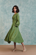 Moss Linen Pleated Waist Dress