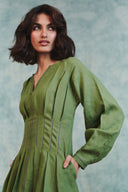 Moss Linen Pleated Waist Dress