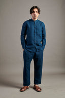 Indigo Linen Band Collar Shirt On Sale