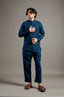 Indigo Linen Band Collar Shirt