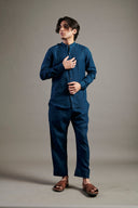Indigo Linen Band Collar Shirt On Sale