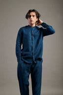 Indigo Linen Band Collar Shirt On Sale