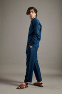 Indigo Linen Band Collar Shirt On Sale