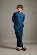 Indigo Linen Band Collar Shirt On Sale