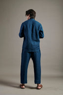 Indigo Linen Band Collar Shirt On Sale