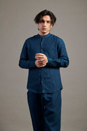 Indigo Linen Band Collar Shirt