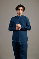 Indigo Linen Band Collar Shirt On Sale