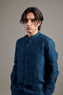 Indigo Linen Band Collar Shirt On Sale