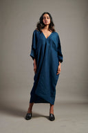 Indigo Linen Gathered Kaftan Dress