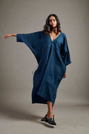 Indigo Linen Gathered Kaftan Dress