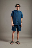 Indigo Linen Half Sleeves Band Collar Shirt - Sale