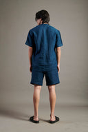 Indigo Linen Half Sleeves Band Collar Shirt - Sale