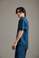 Indigo Linen Half Sleeves Band Collar Shirt - Sale