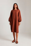 Mocha Co-Linen Balloon Sleeves Dress