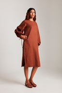 Mocha Co-Linen Balloon Sleeves Dress