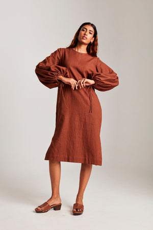 Mocha Co-Linen Balloon Sleeves Dress