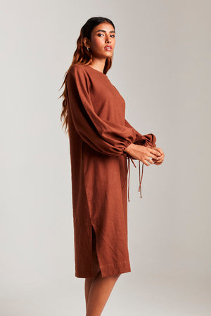 Mocha Co-Linen Balloon Sleeves Dress