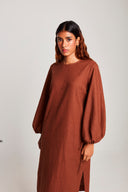 Mocha Co-Linen Balloon Sleeves Dress