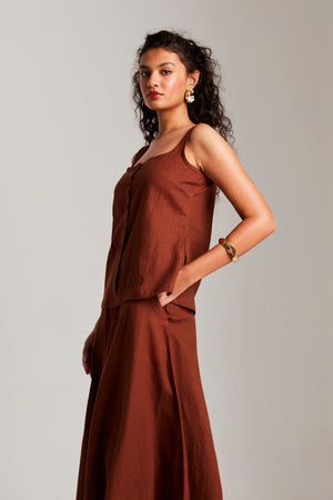 Mocha Co-Linen Side Slit Top & Skirt Set