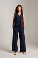 Navy Co-Linen Pleated Trousers - Sale