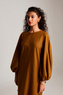Olive Co-Linen Balloon Sleeves Dress On Sale