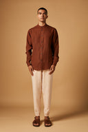Cinnamon Linen Men's Band Collar Shirt On Sale