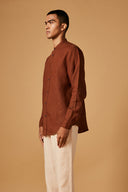 Cinnamon Linen Men's Band Collar Shirt On Sale