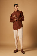 Cinnamon Linen Men's Band Collar Shirt On Sale