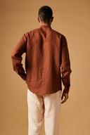 Cinnamon Linen Men's Band Collar Shirt On Sale