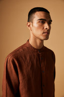 Cinnamon Linen Men's Band Collar Shirt On Sale