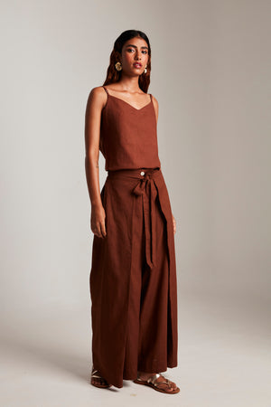 Mocha Co-Linen Camisole Top & Wrap Pants