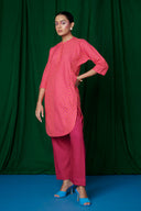 Coral Linen Panelled Kurta Set On Sale