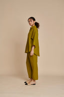 Mehendi Linen Oversized Flared Shirt On Sale
