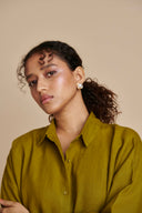 Mehendi Linen Oversized Flared Shirt On Sale