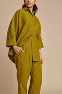 Mehendi Linen Oversized Flared Shirt On Sale