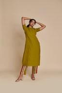 Mehendi Linen Half Sleeves Kurta Set On Sale