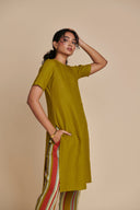 Mehendi Linen Half Sleeves Kurta Set On Sale