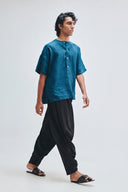 Indigo Linen Men's Half Sleeves Panelled Shirt Kurta