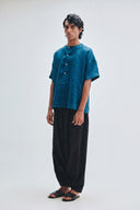 Indigo Linen Men's Half Sleeves Panelled Shirt Kurta