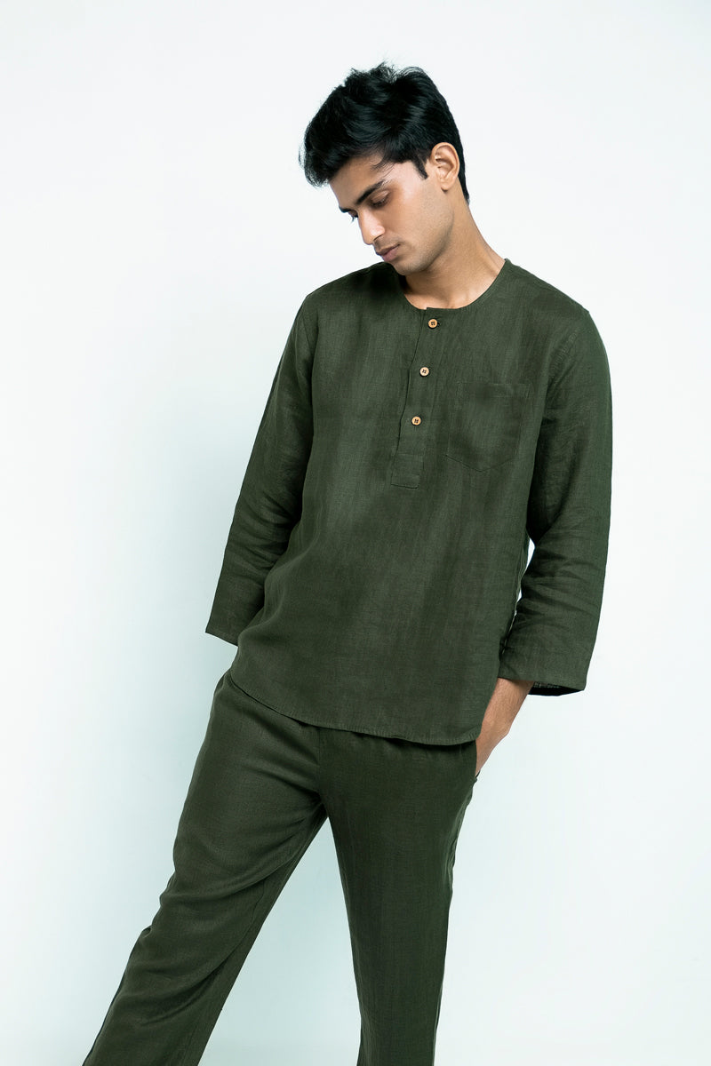 Khaki Linen Men's Pyjama Set
